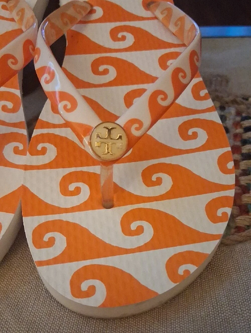 Tory Burch Orange & White Wave Flip Flop Sandals with Gold Logo